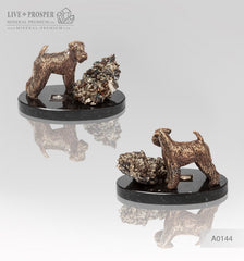 Bronze figure of a dog breed Fox Terrier with calcite and pyrite on a dolerite plate  Бронзовая собака породы Фокстерьер с пиритом на пластине из долерита