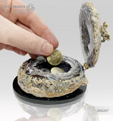 Handmade bronze tiger figure on agate druzy box at dolerite base