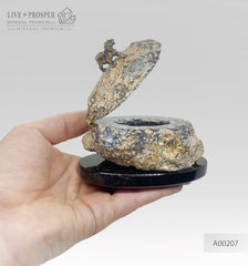 Handmade bronze tiger figure on agate druzy box at dolerite base