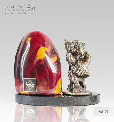 Bronze figure of Monkey philosophy with mookaite jasper on a dolerite plate A0101