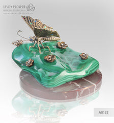 Bronze butterfly and flowers with gems inserts on malachite and marvel plate  Бронзовая бабочка с цветами со вставками из самоцветов на малахитовой и мраморной пластинах 