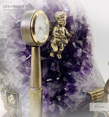 Wedding gift подарок на свадьбу подарок на юбилей Bronze cupid and sweethearts on a bench with garnet heart and clock on geode agate amethyst druzy background on a dolerite plate Бронзовые амур и влюбленные на лавке с сердцем из граната и часами с агата жеодой аметистовой друзой на пластине из долерита Минерал премиум Mineral Premium