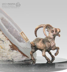 Bronze figure of "Capra" mountain  Goat with geode Agate druz on a Dolerite plate