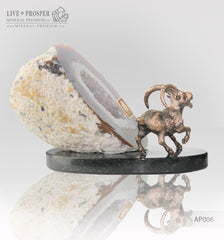 Bronze figure of "Capra" mountain  Goat with geode Agate druz on a Dolerite plate