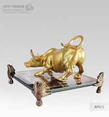 Bronze Figure of Bull with Demantoid inserts on Jasper plate